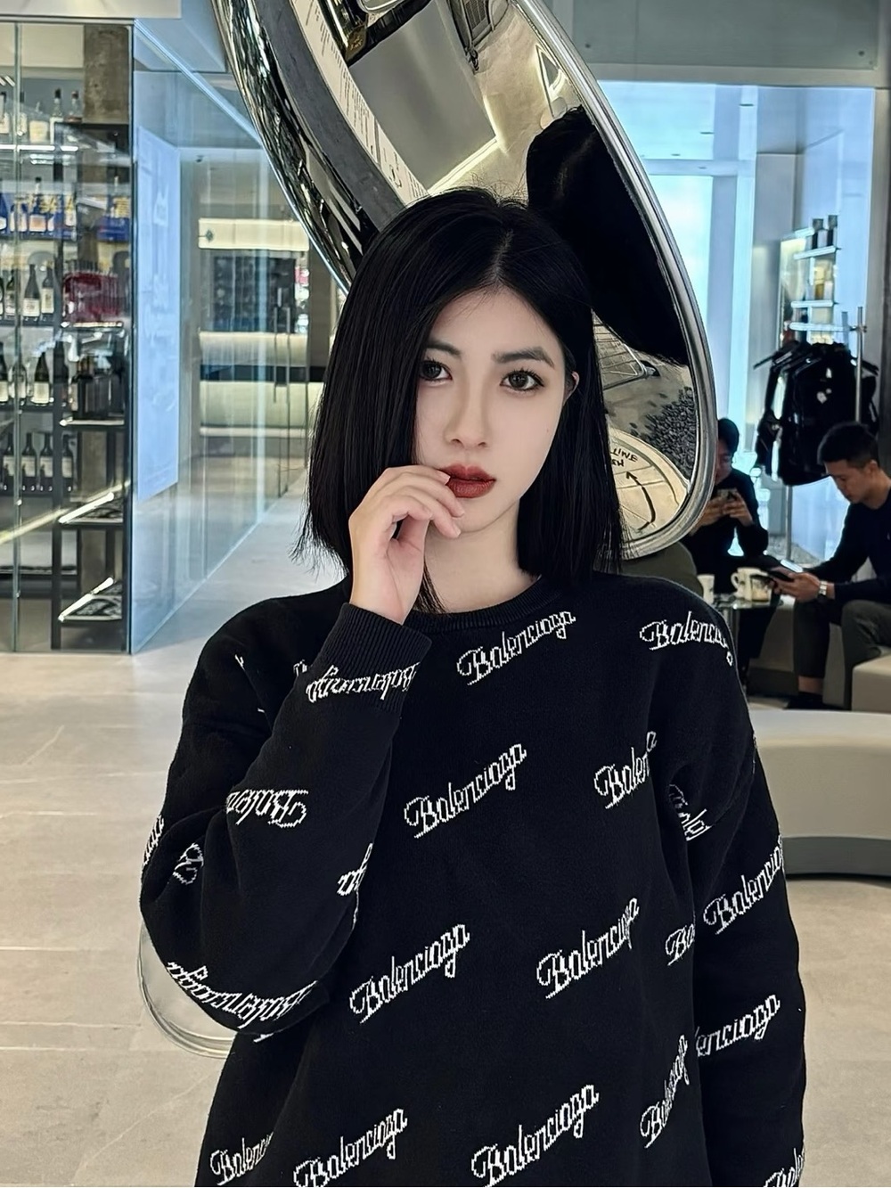 Balenciaga Black Crewneck Sweater with White All-Over Logo - Picture 6 of 6